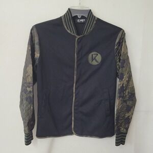 RK7 Bomber Jacket Mens Small Black Camo Quilted Sleeve Snap Front Varsity Coat